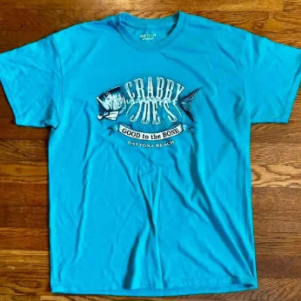 Y2K Crabby Joe's Daytona Beach Florida "Good to the Bone"‎ Fish Graphic Tee Teal